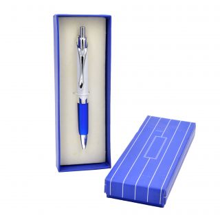 Bolígrafo azul, presentado en caja azul con rayas blancas 