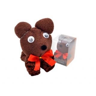 Toallita de oso marrón con lazo rojo, en caja de acetato
