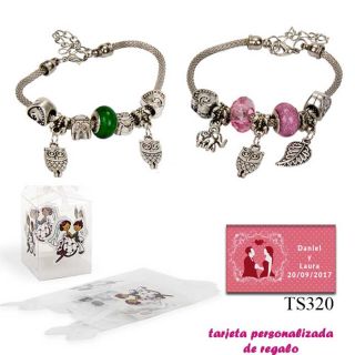 Pulsera con abalorios en colores surtidos (verde o rosa) y colgantes de búhos y elefantes