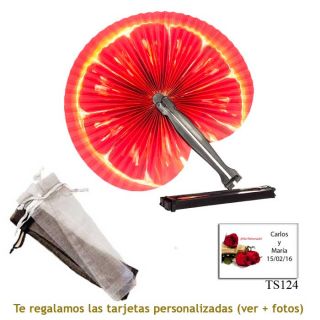 Abanico Pai Pai con diseño de naranjas y con bolsa de organdil