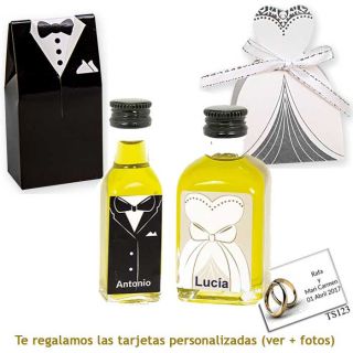 Botellitas de Aceite de Oliva para regalar en boda, con cajas de novio y novia a juego